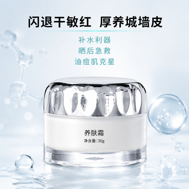 [模块-5] 淘宝主图第五张，总结主题：闪退干敏红 厚养城墙皮，展示月诗妍养肤霜综合修护功效。保留原产品外观：银色雕花盖子 透明瓶身 白色膏体罐。[氛围/风格]美业舒适风，高级干净简约背景，柔和渐变色预览效果