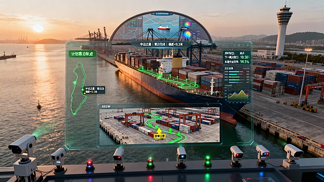 俯瞰视角下的现代化集装箱码头，晨曦中，一艘大型货轮正完成精准靠泊，与岸壁保持平行。在码头前沿关键位置，多套高精度AI摄像机组与激光传感器静默工作，指示灯规律闪烁。

一个半透明的智能分析面板悬浮于画面中央，左侧显示绿色“计划靠泊轨迹”与实时船舶轮廓完美重合，并标注识别信息：“中远之星 | 靠泊完成 | 偏差<0.3米”。右侧实时数据区显示：“序时状态：准点 | 下一离泊窗口：10:30 | 本港作业效率：98.5%”。

面板下方，另一个子画面通过AI视频分析，实时监测着码头面的集装箱装卸流程，绿色流动箭头标示着最优作业路径，一处短暂停滞的装卸点被黄色标记提示“效率注意”。

远景中的港口控制塔，弧形全景大屏正显示着全港船舶动态时序图、各泊位作业进度热力图及历史效率曲线。整体画面宏大、高效且充满秩序感，在真实的港口晨景中，通过非侵入性监测与清晰数据界面，将自动识别与AI视频分析技术对船舶靠离泊状态、作业时序与整体效率的智能化管控能力，直观转化为一种精准、协同的现代码头管理图景。