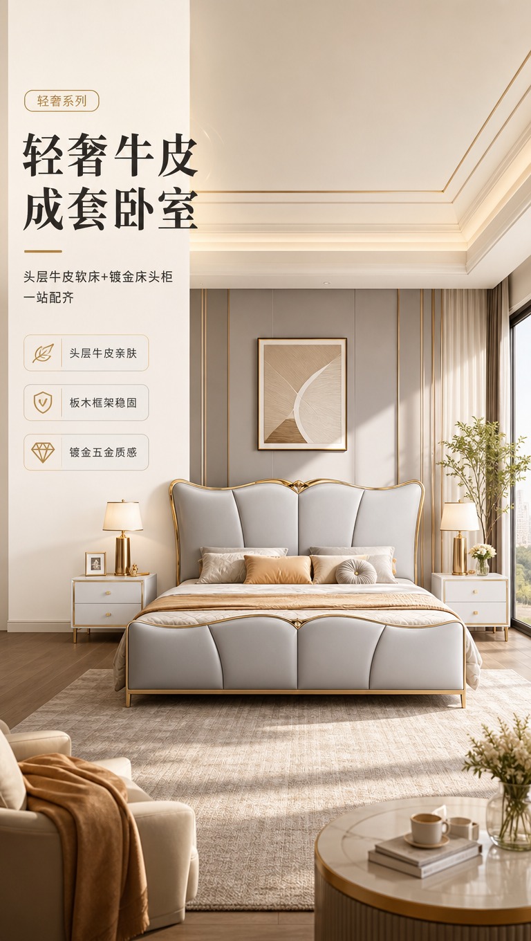 [商品] 使用【图1】浅灰色头层牛皮软包床和【图2】白色床头柜… - 图片创意预览