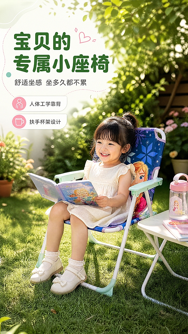 [商品] 使用【图6】冰雪奇缘款儿童椅；保留白绿支架、冰雪公主图案、扶手设计、折叠结构；商品处理：自然理顺面料褶皱，增强色彩饱和度与材质质感，不改变椅子原貌。
[画面] 第7张·儿童使用场景，目标强化代入感与真实使用体验；人物抓拍型，一个3-5岁亚洲小女孩开心地坐在儿童椅上，在阳光花园里，手边小桌上放着绘本和水杯；孩子自然微笑，姿态放松；椅子占画面40%，人物与场景融合自然；阅读动线从人物到椅子。
[视觉] 套系策略：风格=童趣自然商业摄影风；标题字=圆润粗黑体；正文字=圆角无衬线体；主色=清新薄荷绿；背景延展=基于薄荷绿做深浅层级、同色渐变与自然植物质感；强调色=蜜桃粉，仅用于小面积图标、引线和标签；标题色=深森林绿；正文色=中暖灰；组件=圆角软底信息卡、曲线引线、圆点装饰；光影=左前侧暖柔自然光，柔和阴影。
[文字] 左上角主标题"宝贝的专属小座椅"，副标题"舒适坐感 坐多久都不累"；下方2个小卖点：人体工学靠背、扶手杯架设计；文字在左上留白区，不遮挡孩子和椅子主体。
[规格] 图片比例9:16竖版，4K，负向提示：避免变形、错字、文字过小、冷蓝灰背景、椅子图案改变、儿童面部不自然、成人模特。