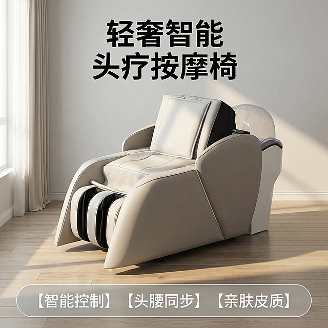 [主图 1] 智能头疗按摩椅场景首图，产品外观保留用户原图中的浅灰色皮质按摩椅完全不变，将背景替换为现代简约客厅场景，浅灰色墙面搭配浅原木色地板，柔和自然光从左侧窗户射入，营造温馨舒适的居家氛围。产品居中展示，保持完整不切割。文案：
标题 "轻奢智能 头疗按摩椅"，位于画面顶部居中，字体加粗黑色；
底部三列亮点 "【智能控制】 【头腰同步】 【亲肤皮质】"，字体为白色无衬线体，放置在浅灰色半透明圆角框内。整体风格参考上传的参考图，干净简洁，浅渐变光影，文字层级清晰。1:1构图，无边框大图，文字不遮挡产品主体。