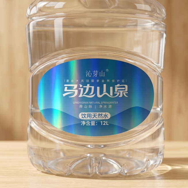 [主图2] 马边山泉12L桶装饮用天然水瓶身标签细节特写，桶装水放置在干净原木台面上，特写椭圆形蓝色标签区域，清晰展示品牌名称和水源地信息，侧光突出桶身透明质感和标签镭射效果。不需要额外添加文案。保持预览效果