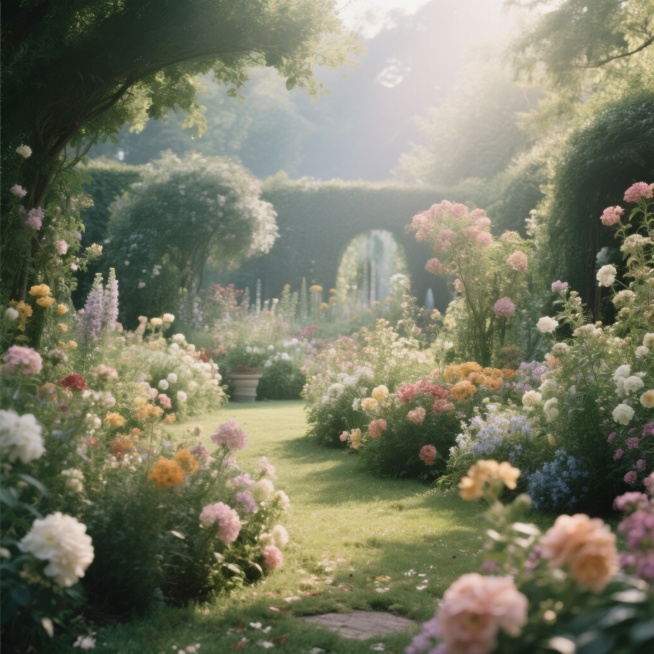 唯美花园场景，鲜花盛放，充满自然氛围感，光影柔和预览效果
