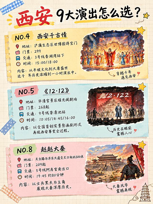 手账风格图文，标题"西安9大演出怎么选？"米色方格纸背景，标题"西安"红色手写艺术字，其余黑色手写体，左上角蓝色和纸胶带装饰。内容为3个演出卡片：
NO.4 西安千古情：地址浐灞生态区世博园得宝门；门票299；交通3号线香湖湾站下；时间15:00/18:00；内容从半坡文化到大唐盛世近千年历史浓缩到一小时演出中，配手绘舞台剧小插画；
NO.5《12·12》：地址华清宫景区瑶光阁剧场；门票268起；交通9号线华清池站；时间10:05/14:45/16:00；内容以全国首创实景影画剧形式再现西安事变全过程，配手绘剧场小插画；
NO.8 赳赳大秦：地址天台路与沣东大道交叉口向北500米；门票209起；交通5号线阿房宫南出口；时间19:45约80分钟；内容以士兵黑夫为主角展现大秦浑厚历史，配手绘秦代宫殿小插画。每个卡片用不同颜色便签框，水彩手绘质感，暖色调，贴纸星星胶带装饰，手写体文字清晰