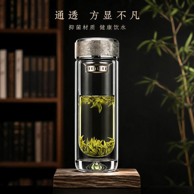 完全保留原图金属镜面杯盖，杯盖造型、弧度、金属色泽、镜面反光、纹理质感原样不动，不修改、不替换、不变色。双层水滴U型高硼硅玻璃杯极致优化，杯身通体平整顺滑无凹凸、无气泡、无划痕、无水渍、无任何杂质瑕疵预览效果