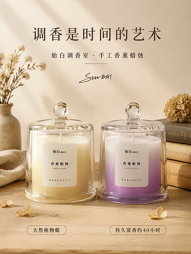 [第1屏] 详情页头图主视觉·始白调香室香薰蜡烛双色系全貌海报。本屏使用【图1】米白蜡体款作为左侧主体，【图2】淡紫蜡体款作为右侧主体，两款钟罩玻璃罐香薰蜡烛并置展示。
[氛围/风格] 侘寂极简文艺风，暖木色调，高级治愈感，商业摄影质感，调香室品牌调性。
[元素布局] 画面中下部并排放置两款香薰蜡烛（左米白、右淡紫），钟罩玻璃罐完整保留，罐体结构、玻璃质感、蜡体颜色、标签文字与输入图完全一致；背景为浅暖米色墙面+浅木色台面，点缀干花、亚麻布、旧书本等侘寂道具，前景散落几片干花花瓣；产品占比约60%。
[光影质感] 左上方柔和自然光，右侧辅光补光，玻璃罐表面有细腻高光，底部自然投影，整体温暖通透，光影层次丰富。
[配色色系] 全局底色 #F5EFE6（暖米白）；主色暖木棕+米白；辅助色淡紫点缀、深棕文字。
[视角构图] 正面微仰视，双产品为视觉中心，阅读动线顶部标题 → 中部双产品 → 底部信息条。
[文字版式] 顶部居中主标题「调香是时间的艺术」，下方副标题「始白调香室 · 手工香薰蜡烛」；底部左右两侧各一个胶囊信息条，左侧「天然植物蜡」，右侧「持久留香约40小时」；文字使用纤细宋体+手写体组合，深棕色，不遮挡产品主体。
[比例分辨率] 3:4竖版比例，4K分辨率，文字清晰可辨，高清画质。
[负向提示词] 罐体变形，缺件错件，颜色偏差，标签文字错乱，水印，文字过小，背景杂乱，产品模糊。