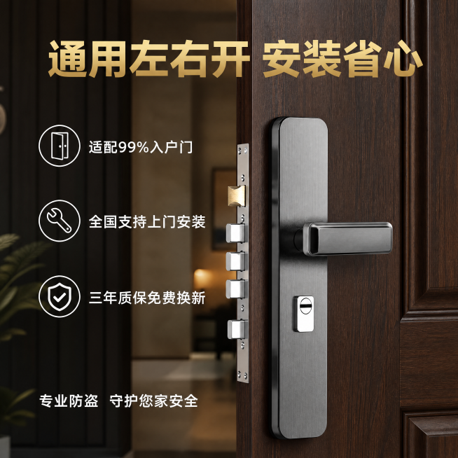 [主图-4] 安装与适配场景展示图
[氛围风格] 实景应用展示，专业可信
[画质] 真实家装场景摄影，产品清晰，场景自然氛围感好
[元素] 门锁安装在入户实木门上的实景展示，保持门锁外观与原产品一致，预览效果
