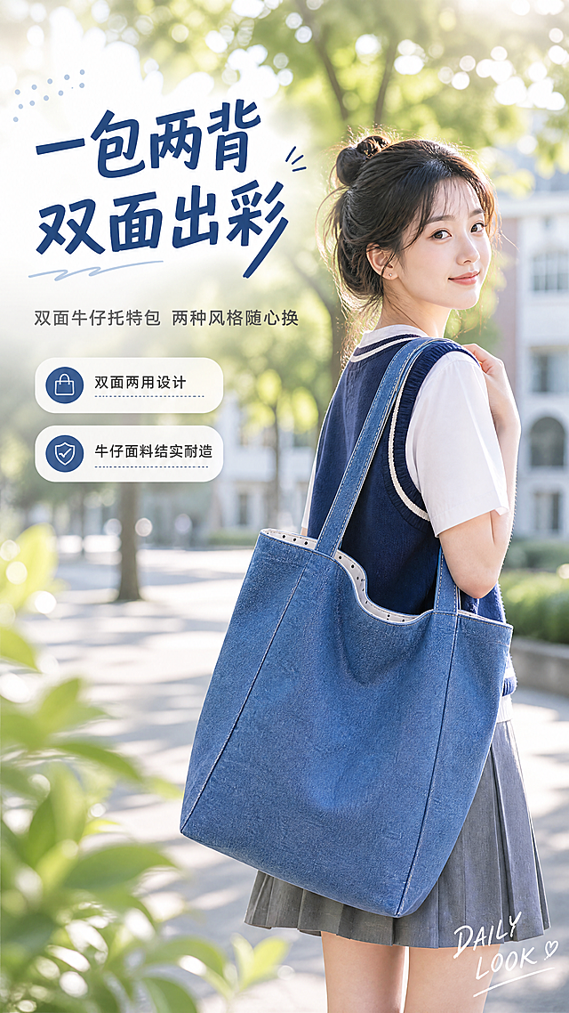 [商品] 使用【图1】双面牛仔托特包；商品处理：保留牛仔蓝色、水洗软牛仔面料、敞口大托特包型、加宽肩带、波点内衬、整体版型结构与缝线细节；自然理顺包身形态，增强牛仔布纹理质感与肩带缝线清晰度，不改变包型比例和颜色。
[画面] 目标为风格头图，突出双面两用核心卖点与韩系学院风氛围；竖版构图，亚洲年轻女模特站在校园林荫道上，阳光透过树叶洒下斑驳光影，模特侧身回望镜头，单肩背负牛仔托特包，包身正面完整展示，包占画面约45%；前景虚化树叶，中景模特与包，后景虚化校园建筑与树木；画面左上角留白放标题区，右下角点缀英文装饰。
[视觉] 套系策略：风格=韩系学院风清新商业画报；标题字=思源黑体粗体带轻微手写感装饰；正文字=思源黑体常规体；主色=牛仔蓝；背景延展=基于牛仔蓝做深浅渐变、同色系层次与自然户外光影质感；强调色=米白色，仅用于小面积标签、引线和英文装饰；标题色=深牛仔蓝；正文色=深炭灰；组件=圆角米白底信息卡、细蓝线引线、波点装饰元素；光影=左前侧暖调自然光，柔和通透。
[文字] 左上区域主标题"一包两背 双面出彩"，副标题"双面牛仔托特包 两种风格随心换"，下方2个短卖点"双面两用设计""牛仔面料结实耐造"；右下角小号英文装饰"DAILY LOOK"；所有文字横排，不遮挡包身主体与模特面部。
[规格] 图片比例9:16竖版，4K，避免变形、错字、文字过小、冷蓝灰背景、包型失真、颜色改变、极限词。