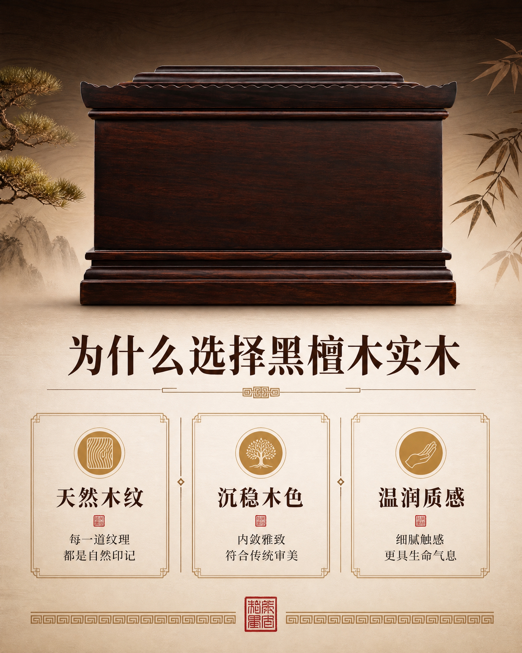 [主图-2] 核心亮点：黑檀木实木材质三大卖点，竖版信息展示。… - 图片创意预览