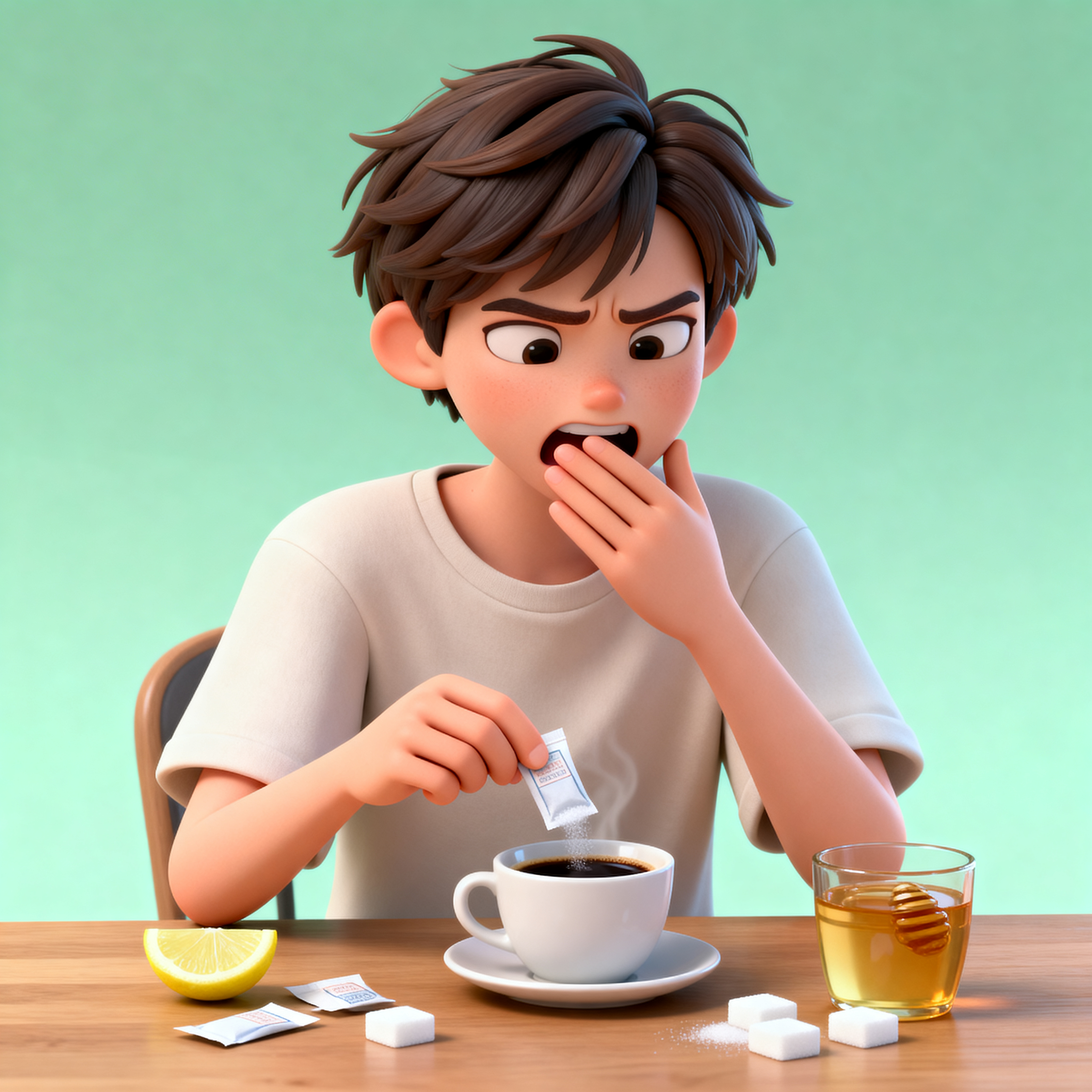 趣味3D插画风格，餐桌前，一位敏感俏皮的年轻中性形象人物，短发… - 图片创意预览