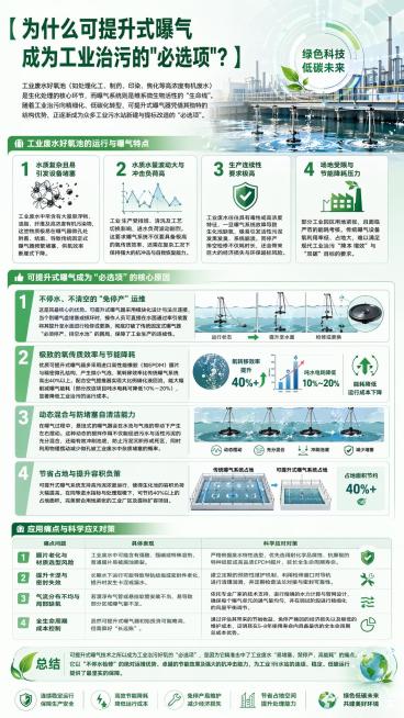 严肃简洁的环保科普海报，主色调浅绿清透，高科技风格，干净整洁专业。海报核心文案：
标题：【为什么可提升式曝气成为工业治污的"必选项"？】
工业废水好氧池（如处理化工、制药、印染、焦化等高浓度有机废水）预览效果