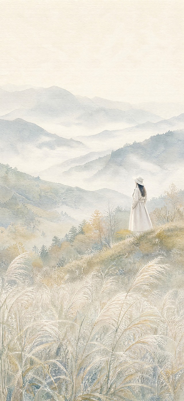 竖版6:13构图，东方国风淡彩水彩风景，极简东方美学，寒露节气的清晨山野。画面中增加一位身材姣好的年轻姑娘，身穿剪裁利落的浅色长风衣，头戴白色时尚帽子，站在中景偏右的缓坡边，背对观者或三分之二侧身，身姿挺拔优雅，正安静地向北方远山眺望。人物比例自然，服饰风格简洁高级，与水墨淡彩环境融合，不抢主视觉。【前景】画面底部大面积蓬松轻盈的白色芦苇荡，错落点缀低饱和度浅青灰与淡金秋草，草叶带细微晨露光泽，芦花呈现微风吹拂的动态飘逸感，草叶线条纤细柔和；【中景】层叠起伏的缓坡山丘，秋日浅黄、淡青、灰绿色树丛与疏朗秋林，以水彩湿画法自然晕染交融，色彩清浅克制，轮廓柔化没有硬边；【远景】层层递进的淡青色、灰蓝色连绵远山，色彩逐层减淡拉开空气透视，山谷间弥漫轻薄奶白色晨雾，雾气半透明流动，在山谷间自然弥散，远山在雾中若隐若现；【天空】米白色暖调干净天空，大面积柔和留白；【光影】全局均匀柔和的清晨漫射天光，光感温润细腻，带有寒露时节的清寒气，没有任何锐利硬阴影；【色彩】整体统一低饱和清冷传统国画色系，米白、浅金、淡青、灰蓝、浅灰绿配色和谐；【质感】顶级粗糙水彩纸物理纹理，自然的水分晕染、透明叠加与边缘水渍效果，画面干净通透宁静空灵，秋日山野治愈氛围感，高清细腻。反向提示词：写实摄影，3D渲染，厚重油画，卡通二次元，鲜艳高饱和配色，强烈明暗对比，硬阴影，锐化过度，轮廓线生硬，现代建筑，动物，文字，水印，logo，杂乱元素，脏污画面，色彩脏污，雾气过重遮挡主体，芦苇糊成一团，画面过曝，色彩断层，人物比例畸形，脸部五官过度写实，服装突兀，人物过大，人物过小，站姿僵硬，积雪，白雪，冰霜，结冰，冬季，寒冬，枫叶大红，浓烈橙黄，枯树荒凉