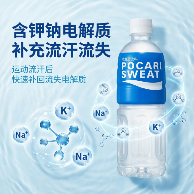 [主图 4]宝矿力水特成分功效特写，保持产品原外观不变
[氛围/风格]专业品质感，突出成分优势
[画面元素]宝矿力水特瓶子主体放置在画面右侧，左侧特写展示钾钠电解质成分概念，搭配水分子示意图，背景浅蓝预览效果