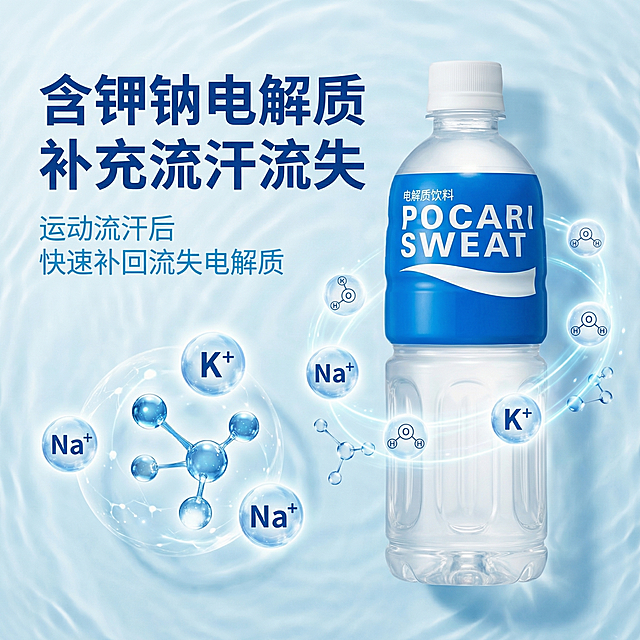 [主图 4]宝矿力水特成分功效特写，保持产品原外观不变
[氛围/风格]专业品质感，突出成分优势
[画面元素]宝矿力水特瓶子主体放置在画面右侧，左侧特写展示钾钠电解质成分概念，搭配水分子示意图，背景浅蓝色干净，突出产品含电解质补充流失的核心优势
[配色色系]主色调浅蓝、白色，深蓝色产品包装和文字对比清晰
[视角构图]平视构图，成分展示和产品结合自然
[文字版式]左侧标题"含钾钠电解质 补充流汗流失"，加粗深蓝色字体；下方小字说明"运动流汗后 快速补回流失电解质"，浅蓝色，排版工整，不遮挡产品主体。
[比例分辨率]1:1比例，2k分辨率