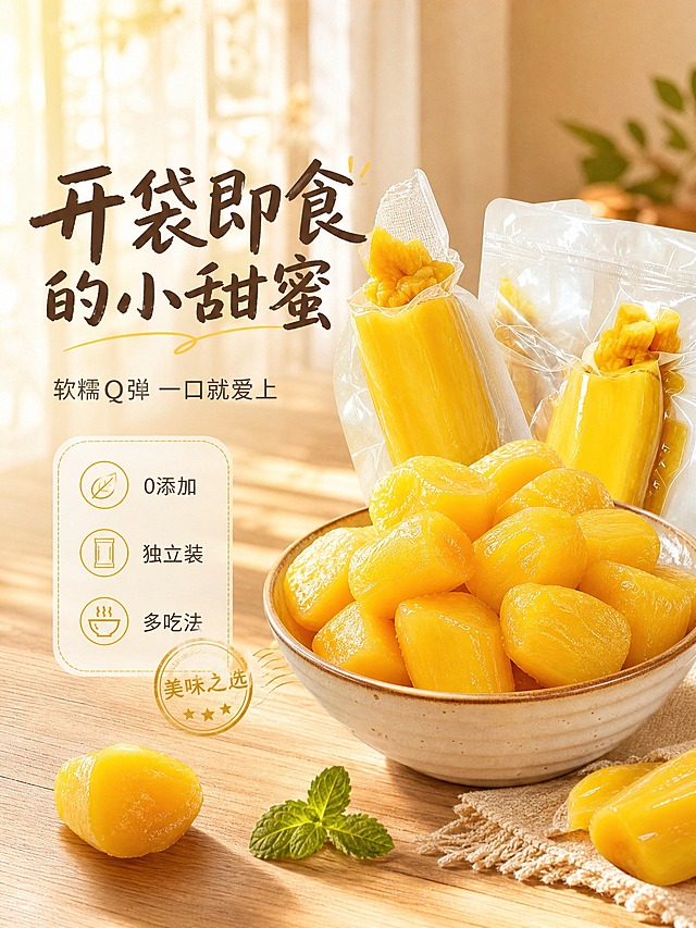 [商品] 使用【图1】即食黄金木薯产品图；保留独立真空小段包装、金黄色去皮切段木薯、透明真空袋外观；自然增强木薯金黄光泽和软糯质感，保持包装真实形态，不改变产品颜色和结构。
[画面] 页面目标：食欲氛围头图 场景氛围型 主打开袋即食的治愈感。左文右图构图，右侧主体是一碗盛满金黄色木薯块的陶瓷碗，木薯块饱满圆润泛着糖色光泽，碗旁边斜放着两袋独立真空包装的木薯，一袋已撕开露出木薯段，桌面散落一两块木薯和薄荷叶点缀。左侧留白放文案。背景是温馨的居家餐桌，浅木色桌面，远处有虚化的窗帘和阳光光影，前中后景三层层次。主体占画面约60%。
[视觉] 套系策略：风格=小红书原生生活方式 暖调治愈食欲风；标题字=手写粗体 带轻微飞白；正文字=细黑体 清爽易读；主色=木薯金黄+暖米棕；背景延展=基于暖米棕做深浅渐变、木纹质感、柔和光斑；强调色=浅金 仅用于小图标、引线、标签点缀；标题色=深棕色；正文色=暖灰色；组件=圆角浅底信息卡、细虚线引线、圆形小印章；光影=自然暖阳侧逆光 柔和通透。
[文字] 左侧上方主标题"开袋即食的小甜蜜" 手写粗体 深棕色 下方副标题"软糯Q弹 一口就爱上" 细黑体 暖灰色 再下方三个小图标+短卖点"0添加 独立装 多吃法" 文字不遮挡主体 手机端可读。
[规格] 图片比例3:4竖版，2K，避免变形、错字、文字过小、冷蓝背景、产品颜色改变、包装失真、悬浮感。