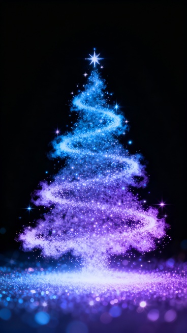 霓虹科技感圣诞树：用闪烁的极细小粒子螺旋上升组成圣诞树大致轮廓，边缘不清晰，树顶点缀极小的星形光效，背景为纯黑色，底部被粒子照亮，粒子光效、星光闪烁，风格偏向梦幻抽象与霓虹科技感结合。预览效果