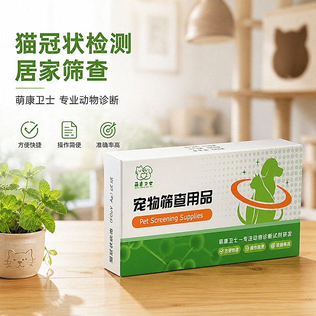 「图片1」图中的产品为猫冠状检测试纸，根据这款产品的颜色生成一张场景图