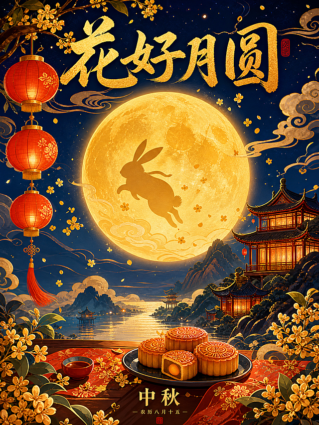 中国风中秋节日画报，竖版构图。深蓝夜空下，一轮巨大的金色满月高悬画面中上方，月光柔和洒落，周围祥云缭绕；月亮前方有玉兔剪影与飘落的桂花，左侧垂下一串红灯笼，右侧是远山与亭台楼阁剪影。画面色彩以深蓝、金色、朱红、暖橙为主，现代国潮插画风格，线条精致，层次丰富，节日氛围浓郁，构图饱满。画面顶部有书法大字标题"花好月圆"，底部居中较小字体"中秋"。整体喜庆雅致，适合中秋节日宣传。