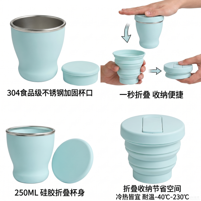 天猫1:1主图，浅蓝色折叠水杯一秒折叠过程展示，突出"一秒折叠 收纳便捷"卖点，干净白底，电商主图风格，清晰展示折叠操作，分辨率2K预览效果