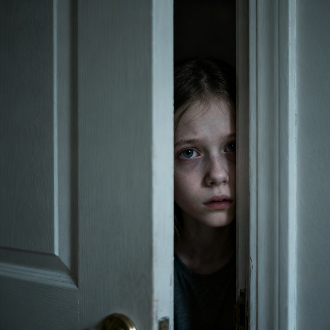 自闭症女孩，躲在门后，从门缝中窥视，眼神恐惧，瘦弱，苍白，昏暗的房间，社交孤立，写实，情感氛围预览效果