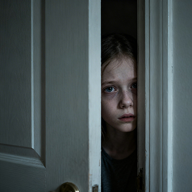 自闭症女孩，躲在门后，从门缝中窥视，眼神恐惧，瘦弱，苍白，昏暗的房间，社交孤立，写实，情感氛围