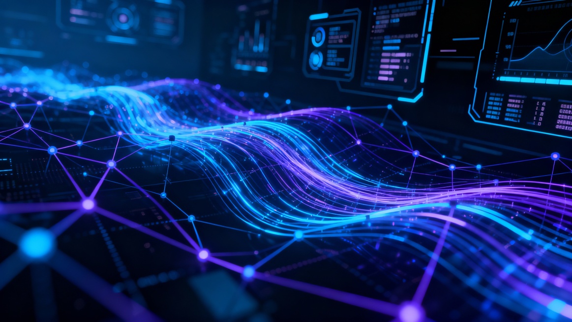 数字化数据传输的场景，抽象化的数据流以蓝色和紫色的光线线条在空间中流动，连接着不同的数字节点，背景是深邃的科技感空间，带有未来感的界面元素和数据符号，整体风格科技感十足，光影效果强烈，细节丰富预览效果