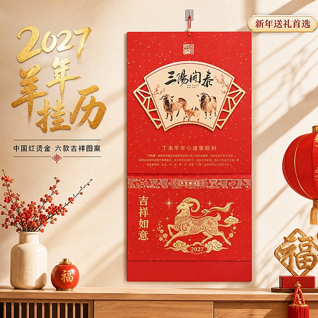 [主图-1] 2027羊年中国红烫金挂历 空间氛围英雄图。
[统一基调] 喜庆中国风 高端烫金质感 新中式家居氛围 背景主色为暖米白+中国红点缀 标题字色为烫金+中国红 辅助字色为深棕 字体为大气书法体+简洁黑体 整体温暖喜庆有年味。
[画面] 新中式客厅场景，米白色墙面，浅木色电视柜，挂历悬挂在墙面中央正前方视角，挂历为三阳开泰款，完整保留挂历三段式结构：上半部分扇形三阳开泰图案、中间吉祥如意羊年烫金图案、最下方红色广告位区域全部可见，红色底烫金工艺清晰可见，挂绳和挂钩自然垂挂，主体占比约65%。画面左侧留白处放主标题，右下角有少量春节装饰元素如红色灯笼、金色福字点缀，整体氛围温馨喜庆有年味。
[光影质感] 商业摄影质感 午后柔和自然光从右侧照入 挂历烫金部分有明显金属光泽反光 纸张纹理清晰 墙面有柔和漫反射阴影 整体光线均匀温暖。
[配色] 中国红为主色调 烫金色为强调色 米白浅木色为背景色 整体喜庆高级。
[文字版式] 左上角主标题大字烫金书法体"2027羊年挂历" 下方小字黑体"中国红烫金 六款吉祥图案" 右上角角标"新年送礼首选" 文字不遮挡挂历主体。
[输出要求] 比例1:1 文字清晰可读 产品清晰完整 挂历底部广告位区域必须完整保留 无变形 无错字 无模糊 无杂乱背景 无水印 无平台Logo。