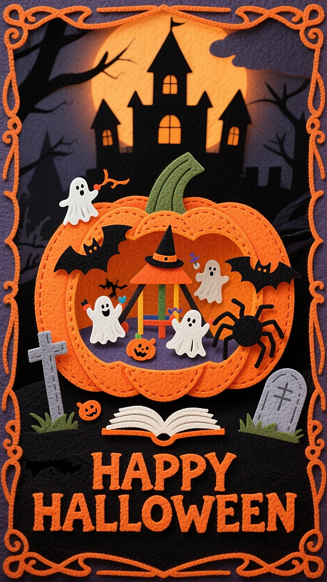 主视觉是以巨大南瓜为核心容器（内部有游乐场，带着尖顶帽的幽灵鬼怪在快乐玩耍，包括毒蜘蛛，魔法书，蝙蝠，墓碑；没有人类）。背景是透着暖光的暗色古堡。底部巨大单排艺术字设计“HAPPY HALLOWEEN”，橙黑色调，橙色哥特雕花边框