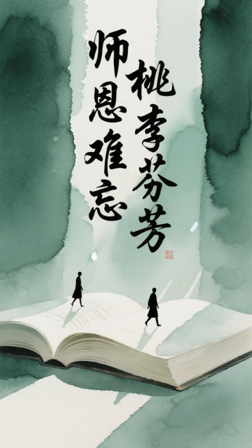 “师恩难忘 桃李芬芳”毛笔字在画面中间，墨绿色背景、光影效果，黑色人物剪影走在一本巨大散开的书本上，营造出知识与成长的氛围预览效果