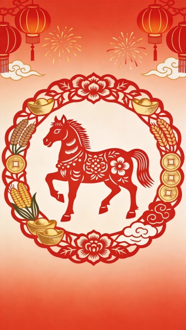 一款采用库淑兰剪纸艺术风格的设计。具有精致的镂空艺术效果。一匹红色的马立于画面中心，周围环绕着五谷、金元宝、钱币和祥云。画面顶部有红灯笼和烟花。整体呈现中国风、东方审美，兼具唯美与极简主义风格，背景为预览效果