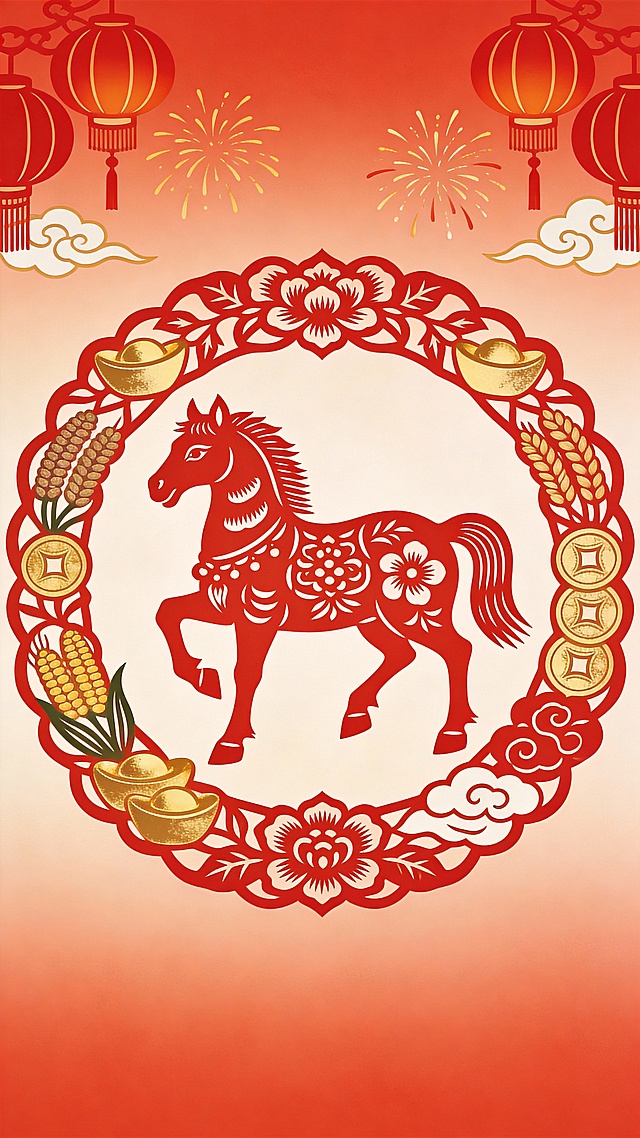 剪纸风国潮插画，红金配色彰显喜庆与中式韵味，马年主题融合祥云、灯笼与丰收元素。