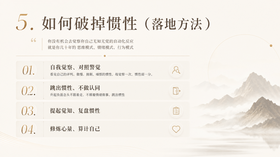 设计一张PPT，内容标题为“5. 如何破掉惯性（落地方法）”，正文是“1、自我觉察、对照警觉
看见自己的评判、傲慢、挑剔、嗔恨的惯性，每觉察一次，惯性弱一分。
2、跳出惯性、不做认同
升起负面念头不跟预览效果