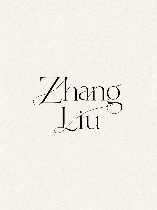 参考图片中的极简轻奢婚礼logo设计风格，设计Zhang&Liu婚礼logo，采用分两行排版的文字组合，第一行Zhang，第二行Liu，保持复古优雅衬线字体设计，米白色肌理背景，黑色logo文字