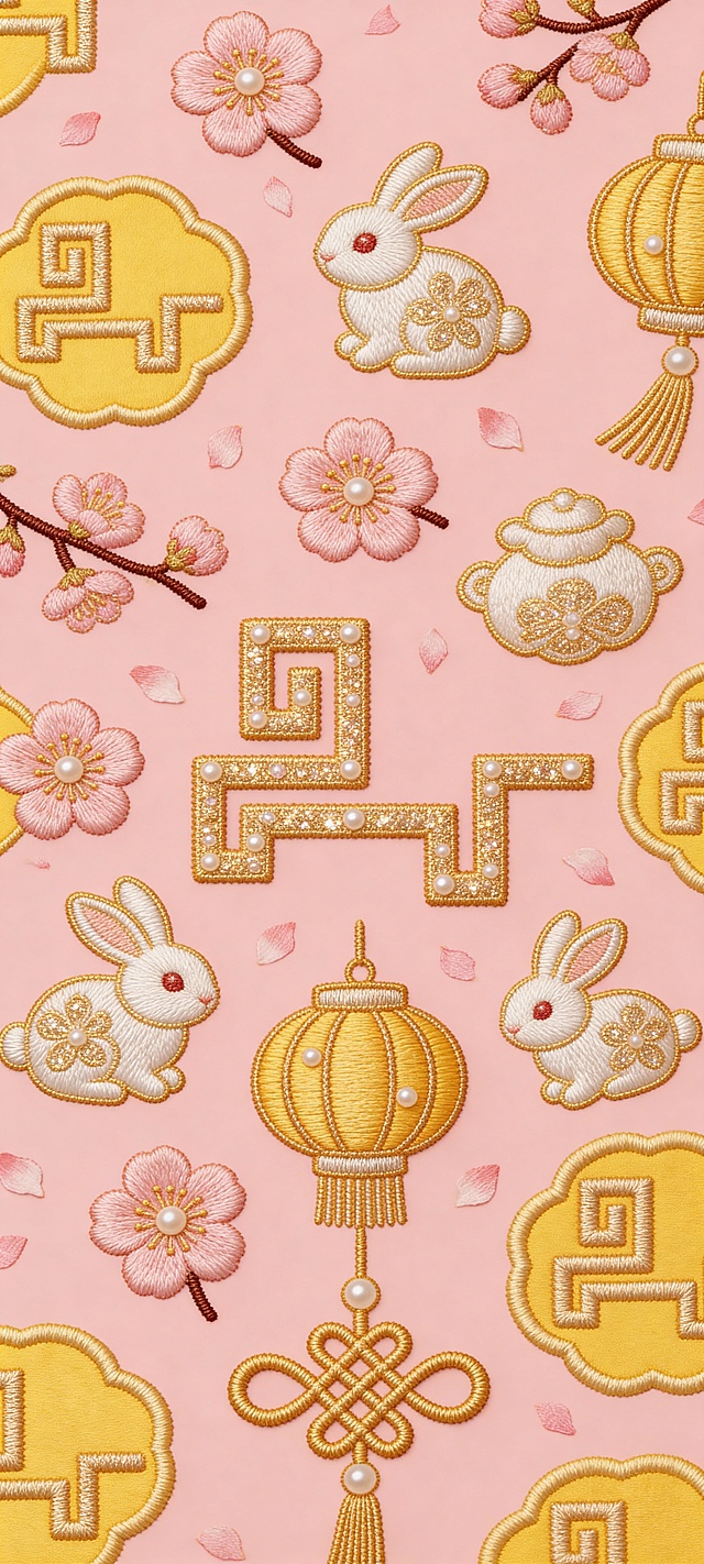 参考图1中的标志，与桃花、玉兔、宫灯、同心结等元素乱序重复排布，元素采用明黄底浅金钉线绣质感（针脚细密、带有珍珠光泽），点缀淡粉色花瓣碎纹，构图为中心发散式，背景用桃粉色，将4K 超清柔媚喜庆纹样，适配清新年味的装饰场景。