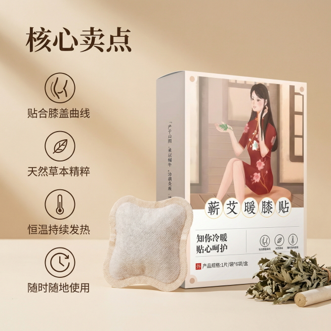 [图生图]基于参考产品图生成淘宝1:1主图第二张，产品为蕲艾暖膝贴，核心卖点：天然蕲春蕲艾原料，养生治愈风格，展示产品包装和原料细节，左侧四个核心卖点搭配小图标排列，右侧展示暖膝贴本体和产品包装，背景预览效果