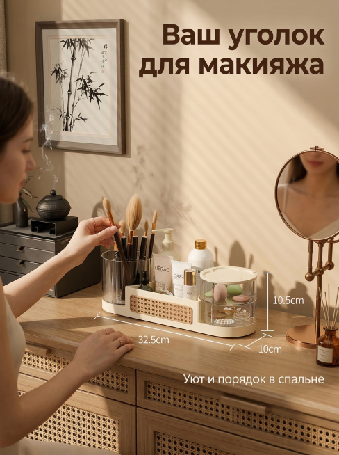 化妆品收纳盒放置在俄罗斯家庭轻奢梳妆台中央场景展示，严格保留原图产品细节：奶油白+透明+藤编棕配色，仿藤编装饰面板，可旋转分格桶，多层透明收纳区，PET+ABS光滑哑光材质。场景搭配水墨竹画、香薰、铜预览效果