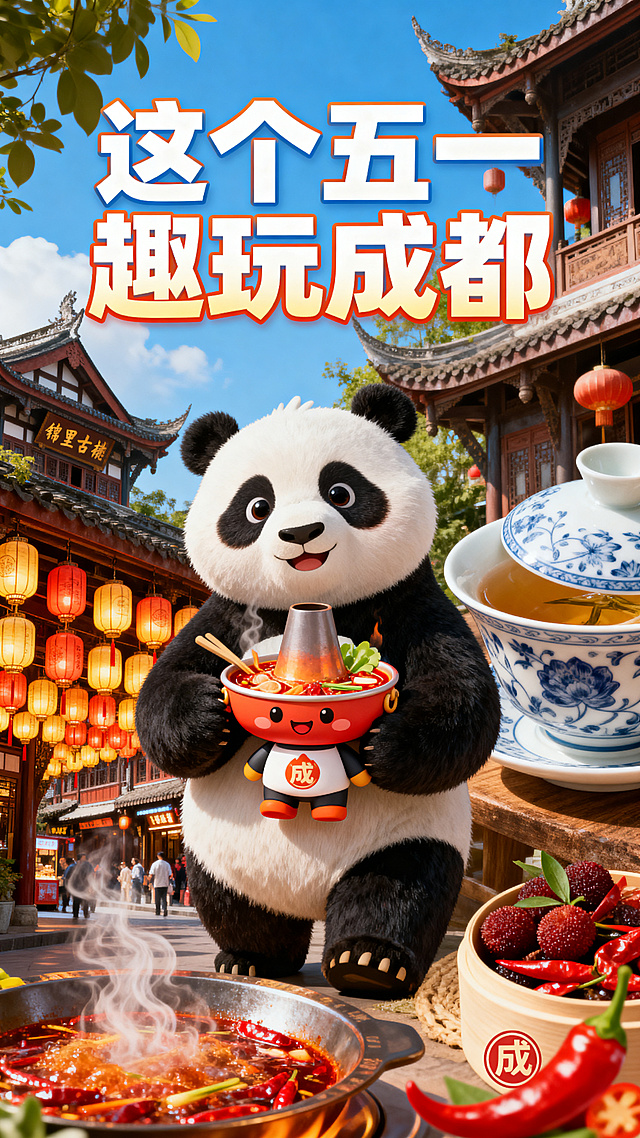 高质量五一成都出游宣传海报，整体画质超清4K，融入大熊猫、锦里古街、成都火锅、盖碗茶等标志性成都元素，主标题"这个五一 趣玩成都"，设计现代时尚，构图饱满，色彩明亮活力，突出成都烟火气与休闲氛围，适合旅游宣传