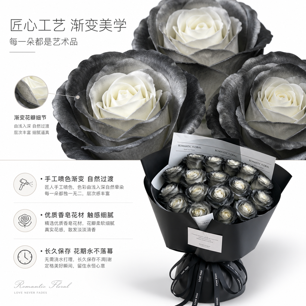 [商品] 使用【图4】黑骑士渐变玫瑰香皂花束（19朵）白底图；… - 图片创意预览
