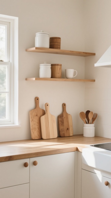 极简风格厨房设计，自然光透过窗户形成温暖柔和的光影效果，浅米色墙面搭配原木色台面与搁板，白色橱柜带有简约的圆形把手，搁板上摆放着白色陶瓷罐、木质容器和白色马克杯，台面上立着两块不同尺寸的浅木色砧板，左侧有一个装有木质餐具的白色小罐，整体色调以原木色和白色为主，营造出干净、明亮、温馨且充满生活气息的北欧风厨房空间，细节清晰，质感细腻，构图平衡，光线层次丰富。预览效果