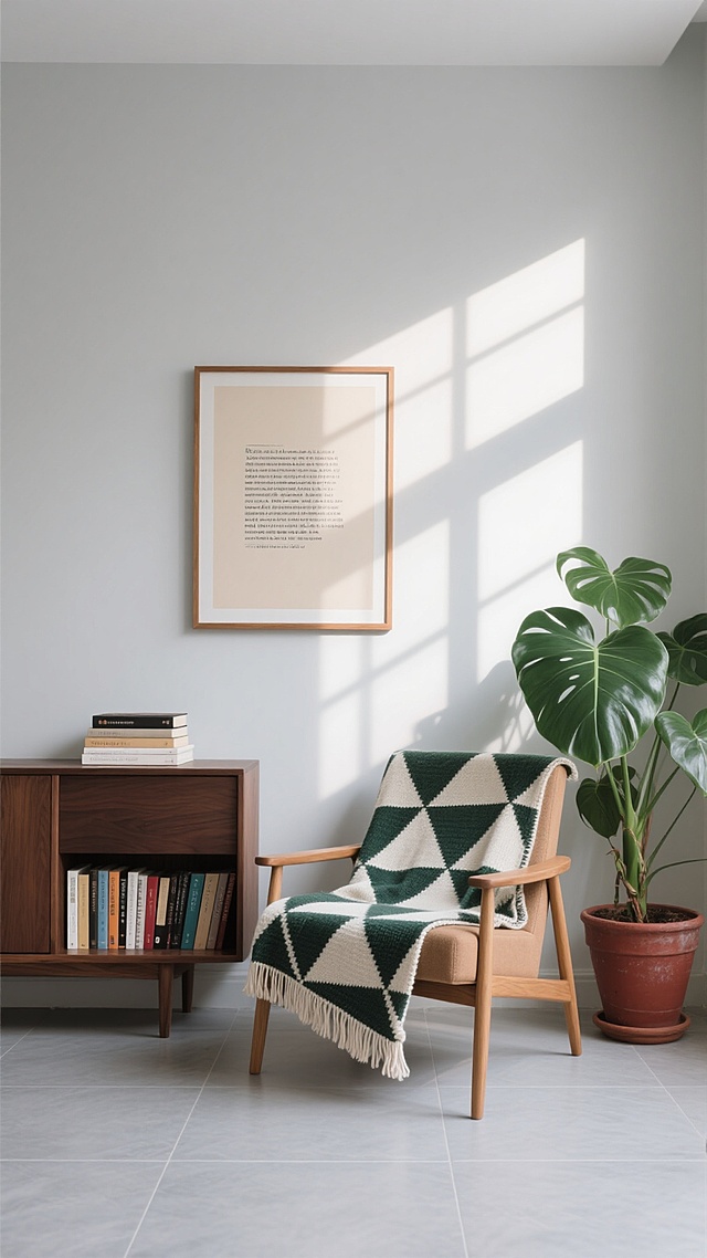 北欧极简风格室内场景，整体明亮通透，柔和自然光从右侧窗户斜射而入，在浅灰色墙面上投下清晰的窗格光影图案。画面中央靠墙处悬挂着带木质细边框的装饰画，画内为简约的米色背景与黑色文字排版。画下方右侧放置一把浅棕色实木扶手椅，椅上铺有几何图案（墨绿色、白色、米色三角形组合）的针织毛毯，毛毯边缘有流苏装饰。椅子左侧是一个低矮的深棕色实木边柜，柜子顶部左侧堆叠着3-4本精装书，右侧摆放一盆茂盛的绿植（叶片宽大呈心形，种植在红褐色陶盆中），柜子下层开放式隔档内整齐排列着7-8本不同颜色封面的书籍。地面铺设大块浅灰色哑光瓷砖，整体色调以中性色（灰白、木色、深棕）为主，点缀墨绿色植物与几何毯的色彩对比，营造宁静、舒适、有序的居家氛围。