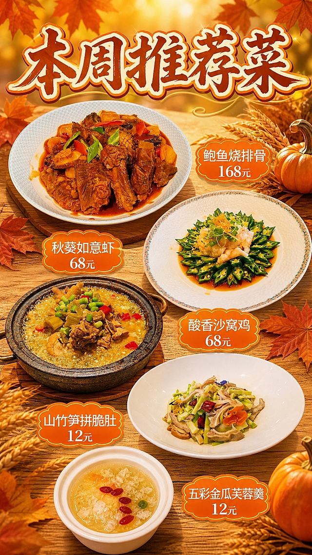 餐饮海报，参考图排列方式与颜色风格——暖橙色/金黄色调，秋日氛围背景（模糊枫叶、麦穗、南瓜、木质桌面），顶部居中大标题，菜品以自然错落散点式布局分布在中下部，每道菜配橙色对话框/云朵状标签写菜名和价格，整体温暖丰盛有食欲。

海报尺寸：95×182cm竖图（竖版长条）。

【顶部】大标题："本周推荐菜"（橙棕描边+米白填充的粗壮艺术书法字，居中，立体感强）。

【中部菜品区】使用用户提供的5张菜品原图，按顺序从上到下错落摆放，每道菜旁有清晰的橙色标签写上菜名和价格：
1. 鲍鱼烧排骨 168元
2. 秋葵如意虾 68元
3. 酸香沙窝鸡 68元
4. 山竹笋拼脆肚 12元
5. 五彩金瓜芙蓉羹 12元

菜品图片保持原图外观、摆盘、器皿不变，有前后层次和自然光影，摆放在暖黄渐变木质桌面上。

整体风格：暖橙金黄秋日风，温暖高级，商业美食海报级画质，超高清细节。所有文字、菜名、价格必须精确渲染，不得错位、遗漏或编造；所有信息区域必须填充完整，不得出现空白占位。