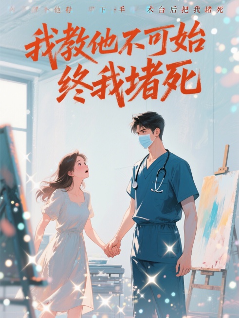 一幅极具张力的现代言情小说封面，画面明快高清，构图简洁有力。画面中心是一位身穿深蓝色医生洗手衣的年轻男子，身姿挺拔清冷，刚下手术台，戴着口罩露出深邃凌厉的眼神，一只手攥住女性的手腕，展现强烈的占有欲和预览效果