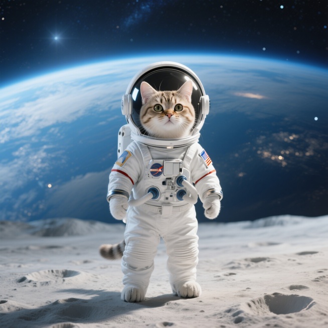 可爱猫咪穿着白色宇航服，站在月球表面，背景是深邃宇宙中的蓝色地球，梦幻画风，柔和光晕，星空璀璨，细腻质感，治愈氛围，唯美光影，高清细节，科幻治愈，色彩柔和，太空漫游预览效果