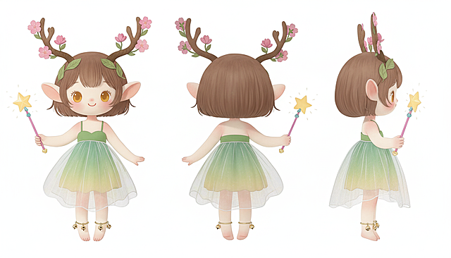 生成画作的3D潮玩风格的三视图，需要包含正面/背面/侧面视角，纯色背景