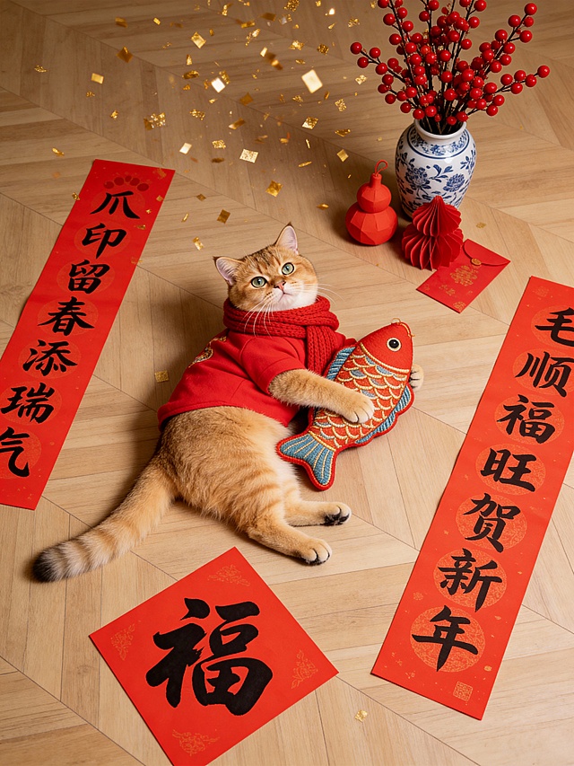 拟人风猫咪身着国潮红衣，怀抱刺绣鱼玩偶，置身于中式春联与金箔飘洒的喜庆场景，拼贴式构图融合传统元素，传递新年祝福。