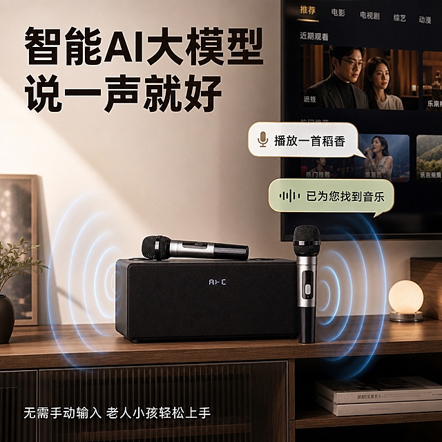 [主图-6] 工作状态/智能AI语音控制，展示语音交互功能。
[统一基调] 风格=现代家居科技感商业摄影；主色=深棕黑+暖米白；强调色=暖金色（仅小面积图标、标签、光效）；标题字=粗黑体大字；正文字=简洁无衬线体；标题色=深棕黑；正文色=中暖灰；组件=圆角浅底信息卡、细线引线；光影=左前侧暖柔光。
[画面] 使用【图1】黑色音响+双麦产品；保留产品原貌；现代客厅电视柜场景，音响置于电视柜上，两侧有蓝色声波波纹从音响发出，表现语音交互状态，电视显示影视界面。右侧有两个对话气泡展示语音指令和反馈。产品占画面30%，场景和交互元素占70%。
[光影质感] 科技感家居摄影质感，声波半透明发光效果，产品正面清晰，场景有景深。
[配色] 深棕黑+暖米白主色调，蓝色声波光效，暖金色对话气泡边框。
[文字版式] 顶部主标题「智能AI大模型 说一声就好」。右侧两个对话气泡：上方白色气泡「播放一首稻香」，下方绿色气泡「已为您找到音乐」。底部小字「无需手动输入 老人小孩轻松上手」。文字全部横排。
[输出要求] 比例1:1方形，2048×2048，2K分辨率，文字清晰可读，产品清晰不变形，无错字乱码，无平台Logo水印。