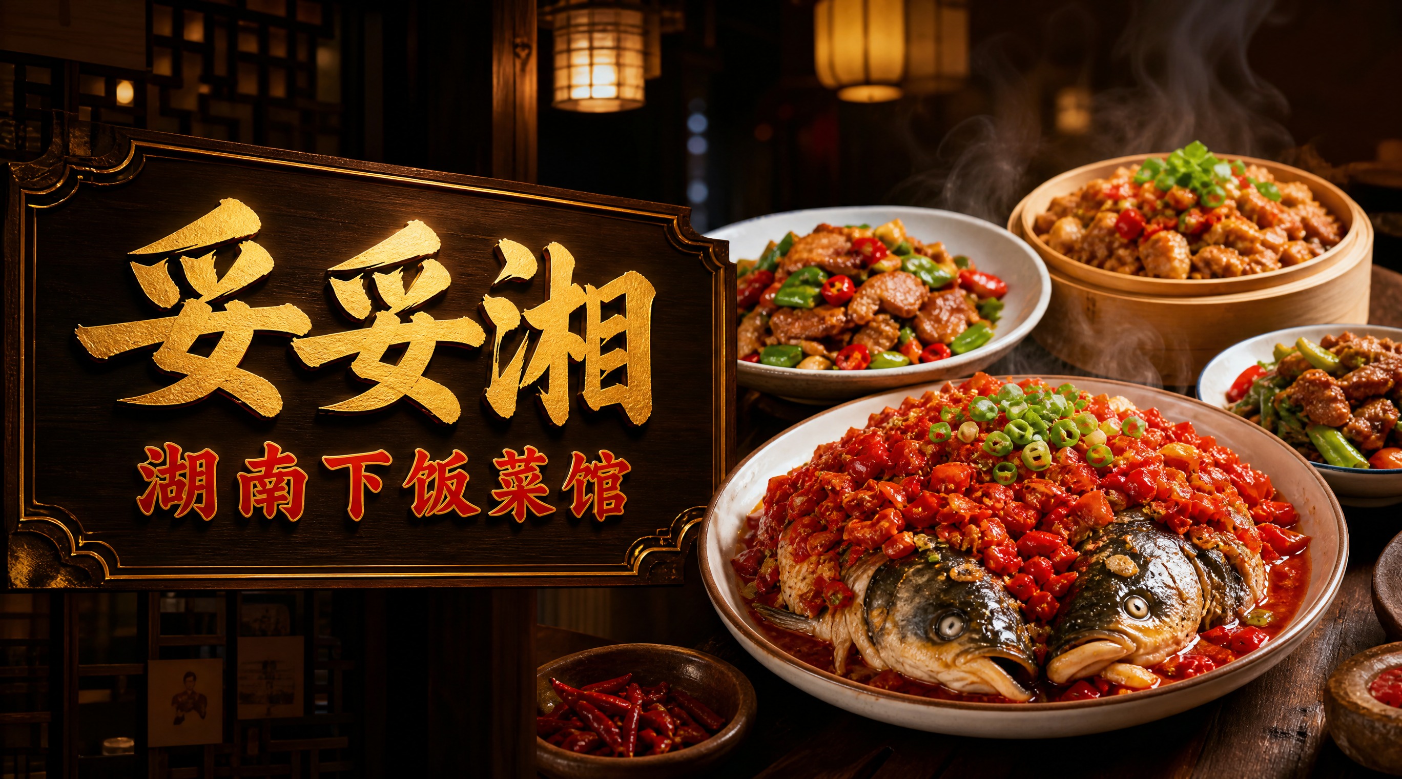 写实商业摄影风格，湖南下饭菜馆店招设计，横向横幅构图。画面左侧… - 图片创意预览