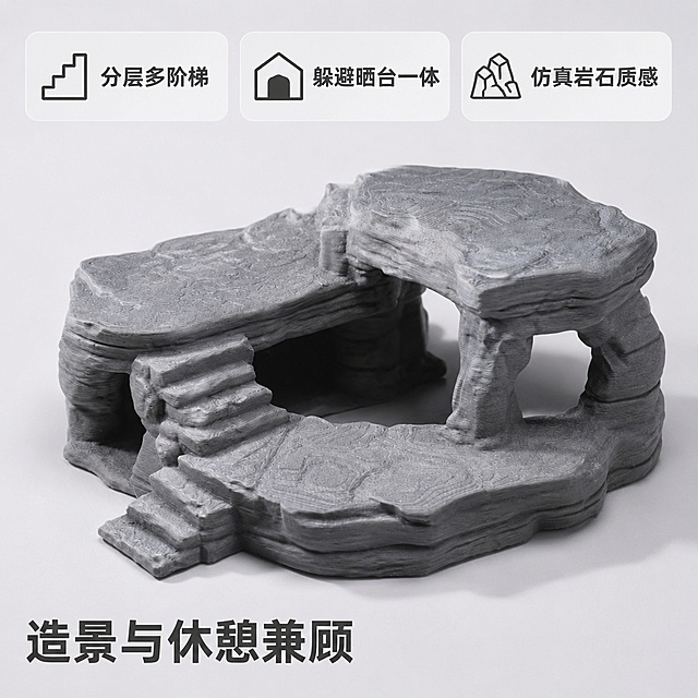 [主图2] 核心亮点 产品结构卖点展示
[氛围风格] 清晰专业功能展示风格
[画质] 商业摄影质感、光线柔和通透、产品清晰真实、画面干净高级
[元素] 以仿真岩石晒台躲避屋为主体，展示多阶梯分层结构特写，清晰呈现上层晒台、中层平台、下层躲避洞的三级空间设计；保持产品外观（物理结构、材质质感、颜色）与输入产品图绝对一致，杜绝任何变形和色差，精细化处理。商品主体占比严格控制在65%左右；画面满屏无边框。
[光影] 软质侧光突出岩石纹理凹凸感，阶梯边缘阴影清晰，结构层次分明，真实还原岩石质感
[配色] 保持原产品岩石灰色为主色调，搭配浅灰色背景突出产品主体
[视角构图] 微仰视斜角拍摄，突出阶梯分层结构，近景特写让结构更清晰
[文字版式] 上方横排三个圆角卖点卡片，每个卡片配图标和短句：左卡标注"分层多阶梯"，中卡标注"躲避晒台一体"，右卡标注"仿真岩石质感"，卡片浅灰底深灰色文字，字号均匀对比清晰；底部左对齐大字标注"造景与休憩兼顾"，加粗深灰色字体，不遮挡产品主体
[输出要求] 1:1 比例，文字清晰锐利，超高清商业摄影质感
[负向提示词] 变形，文字错乱，产品图模糊，背景杂乱，水印，电商平台Logo