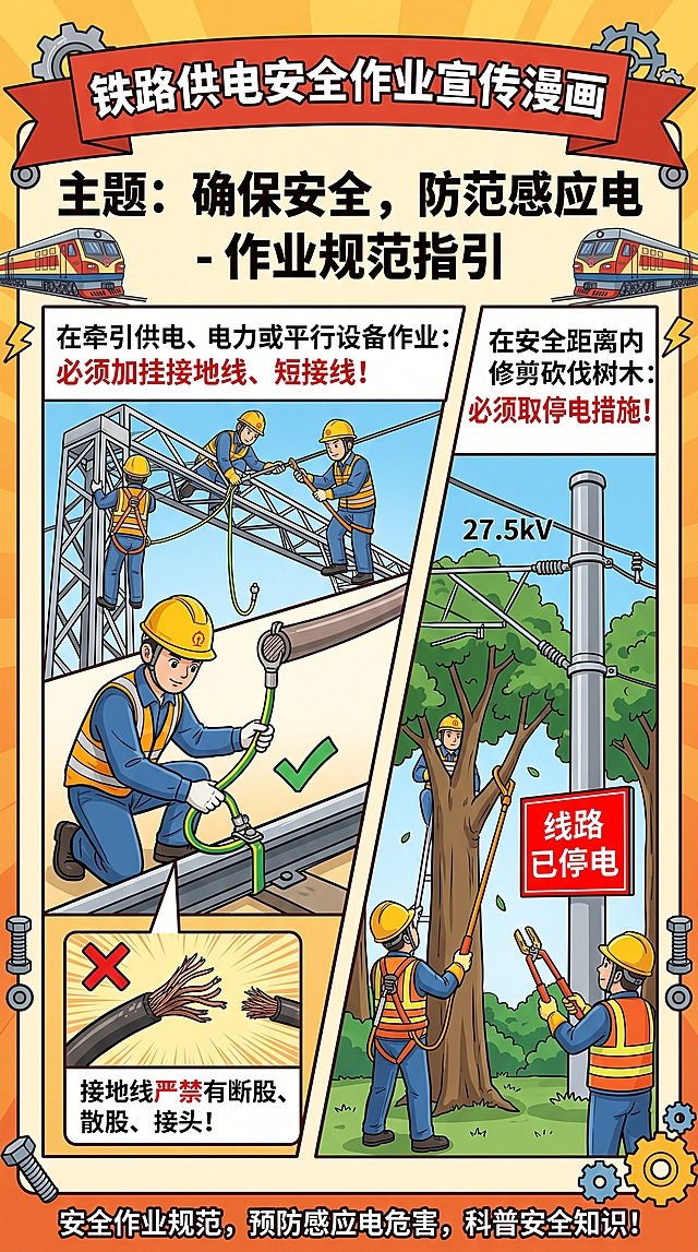 铁路供电安全作业宣传漫画，主题展示：在牵引供电、电力设备或平行设备上作业需要加挂接地线、短接线防感应电，要求接地线不能有断股、散股和接头，在安全距离内修剪砍伐树木需要采取停电措施，科普安全作业规范，宣传漫画风格
