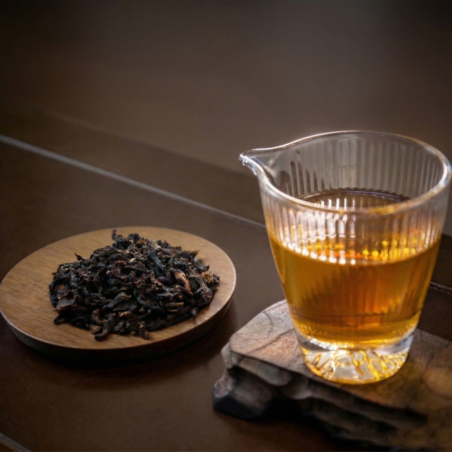 去掉图中的光线，将背景调整为均匀的暗棕色桌面，保持原有茶叶、公道杯和木盘的细节不变，画面整体光影均匀柔和，无明显光束预览效果